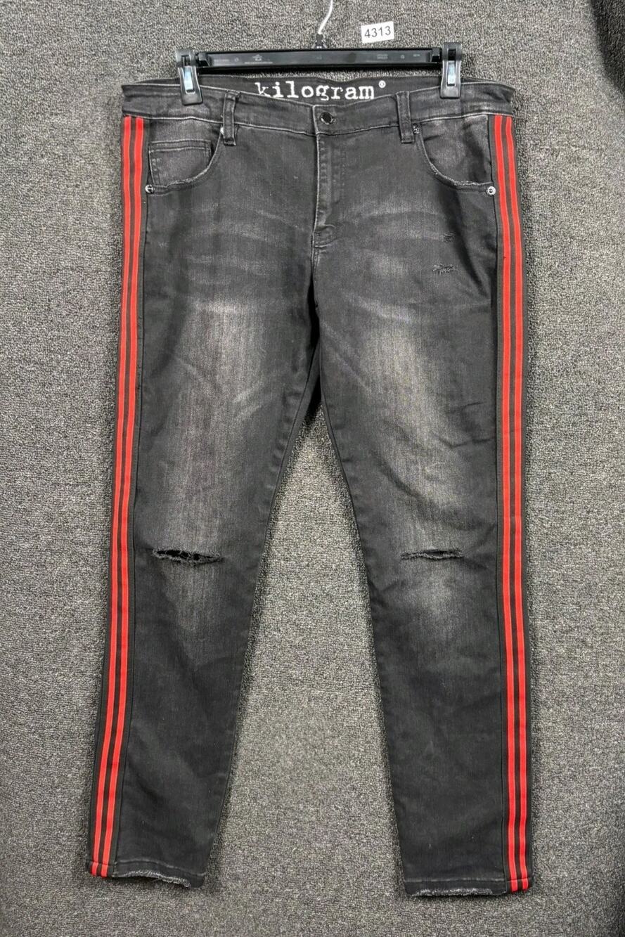 Kilogram Straight Jeans Side Stripes Mens Size 40 Black Knee Rip Denim Stretch